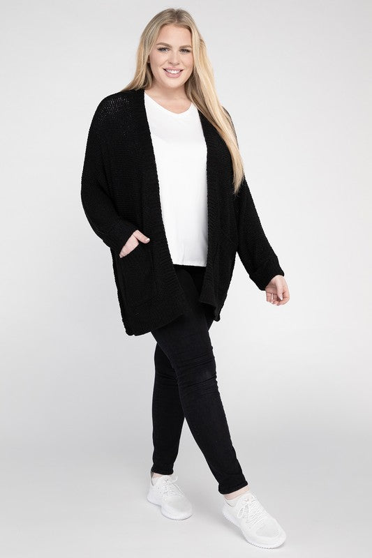 eesome Plus Size Ribbed Knit Open Front Cardigan eesome