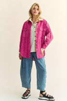 Davi & Dani Hot Pink Curved Hem Diamond Quilted Button Up Denim Shacket Trendsi