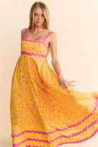 Davi & Dani Geo Two Tone Printed Wavi Trim Tiered Maxi Dress