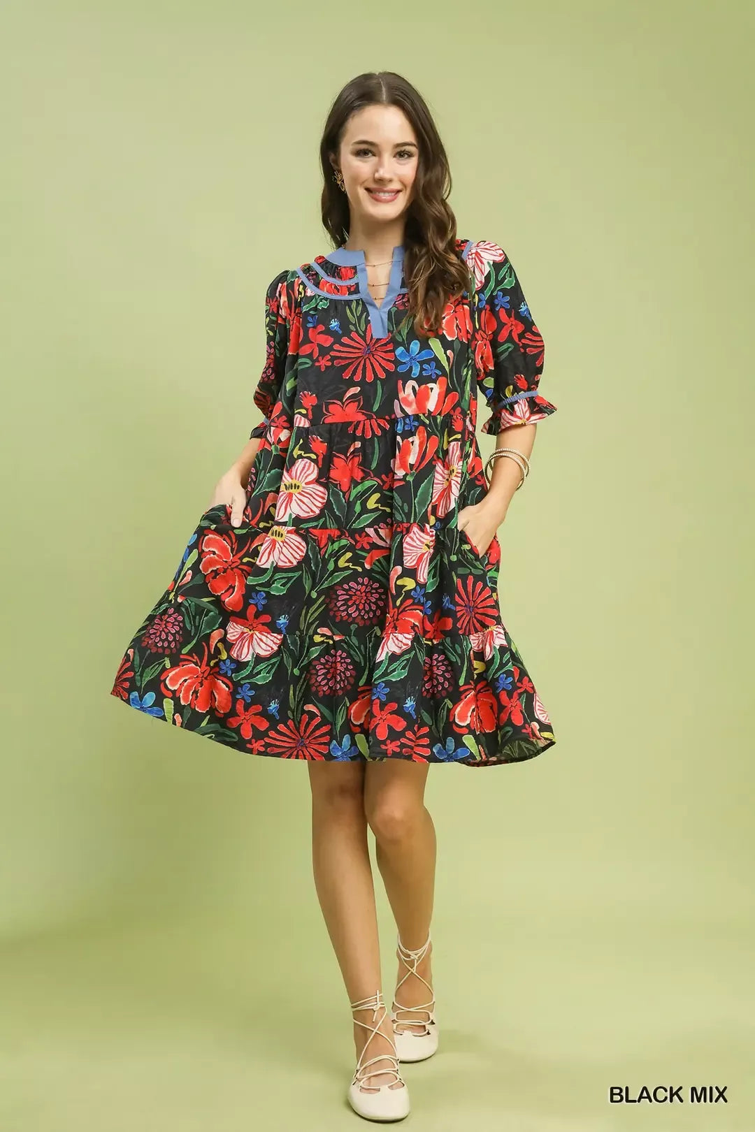 Umgee Black Mix Floral Tiered Puff Sleeve Dress