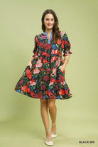Umgee Black Mix Floral Tiered Puff Sleeve Dress
