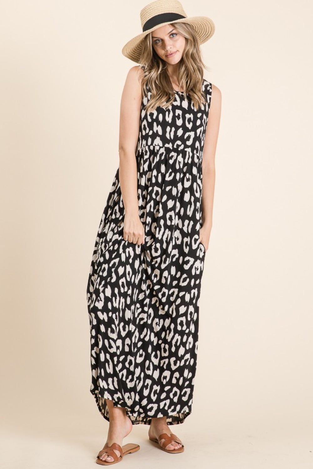 BOMBOM Black Leopard Maxi Dress with Pockets Trendsi