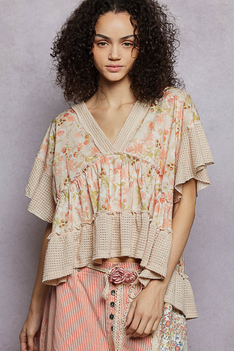 POL Almond Floral Print V-Neck Woven Blouse with Gentle Gathers
