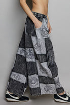 POL Black Multi Drawstring Bohemian Patchwork Wide Leg Pants