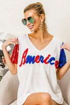 BiBi Metallic Letter America V-neck Sequin Sleeves Top