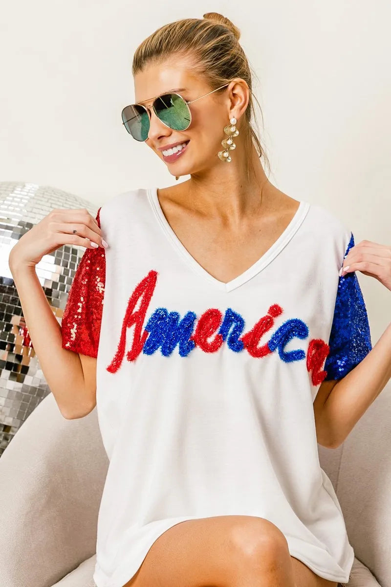 BiBi Metallic Letter America V-neck Sequin Sleeves Top