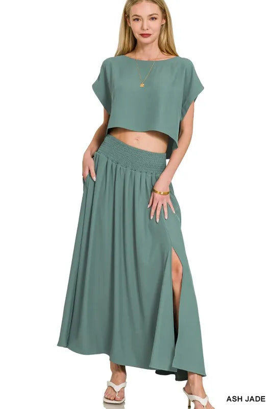 Zenana Ash Jade Heavy Woven Span Crop Tee & Skirt Set