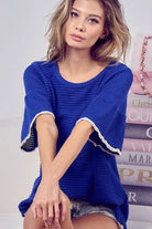 BiBi Royal Blue Popcorn Waffle Knit Top with Pompom Lace
