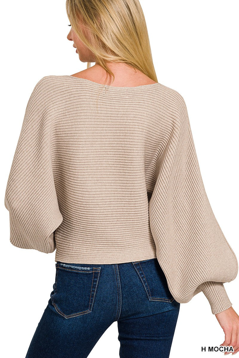 Zenana Heather Mocha Boat Neck Balloon Sleeve Sweater