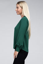 Zenana Woven Airflow V-Neck Long Sleeve Top Shirts & Tops