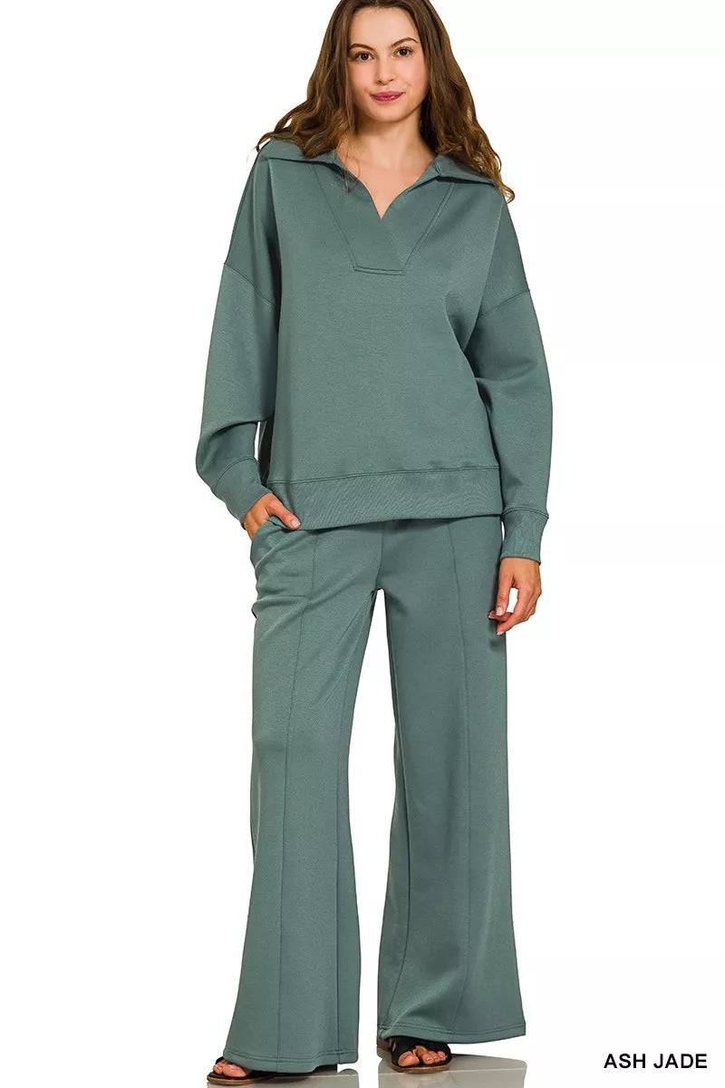 Zenana Ash Jade Scuba Collared Pullover and Pants Set ASH JADE