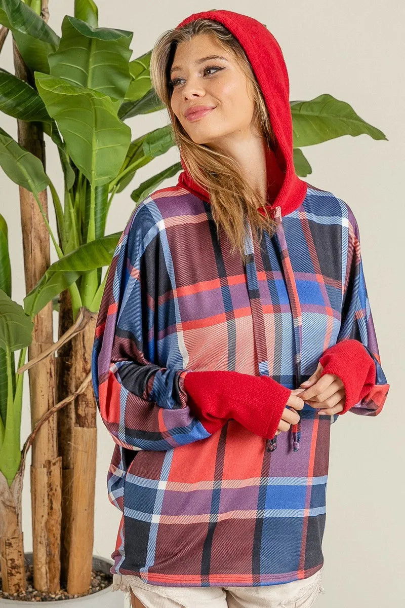 BiBi Red & Blue Plaid Brushed Rib Contrast Thumb Open Hoodie