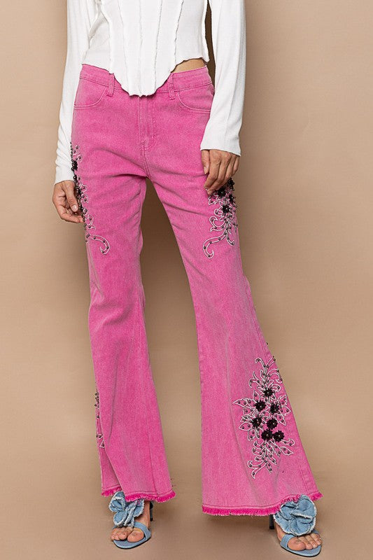 POL Hot Pink Raw Hem Contrast Embroidered Stretchable Twill Flare Pants Hot Pink Jeans