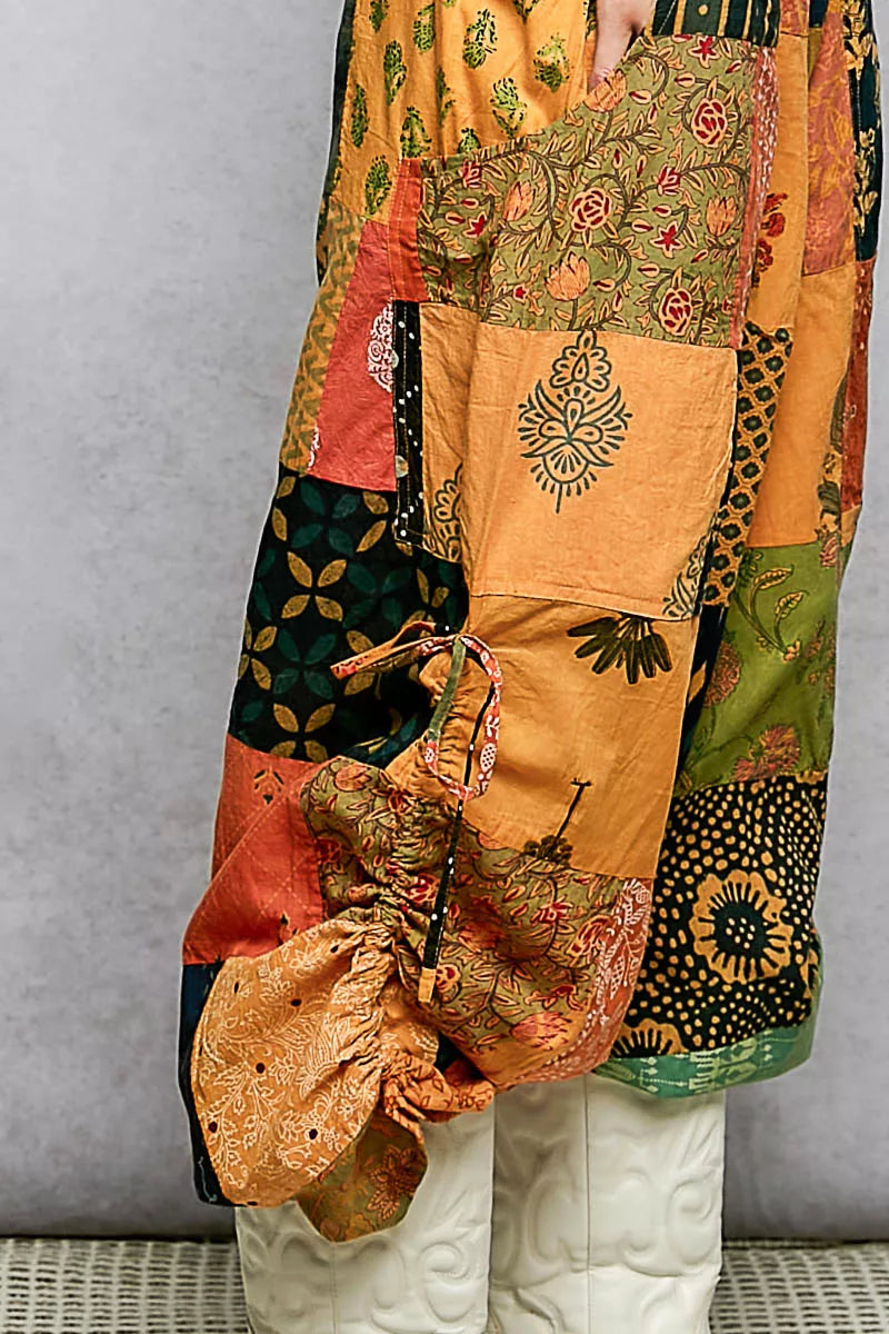 POL Honey Multi Printed Patchwork Wide Leg Pants with Adjustable Side Drawstring