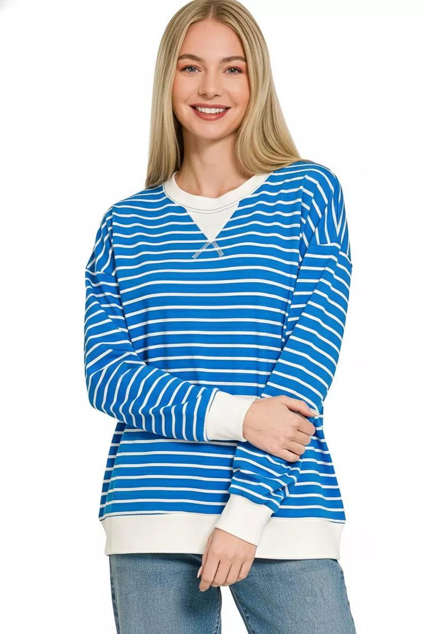 Zenana Ocean Blue Contrast Striped Round Neck Sweatshirt