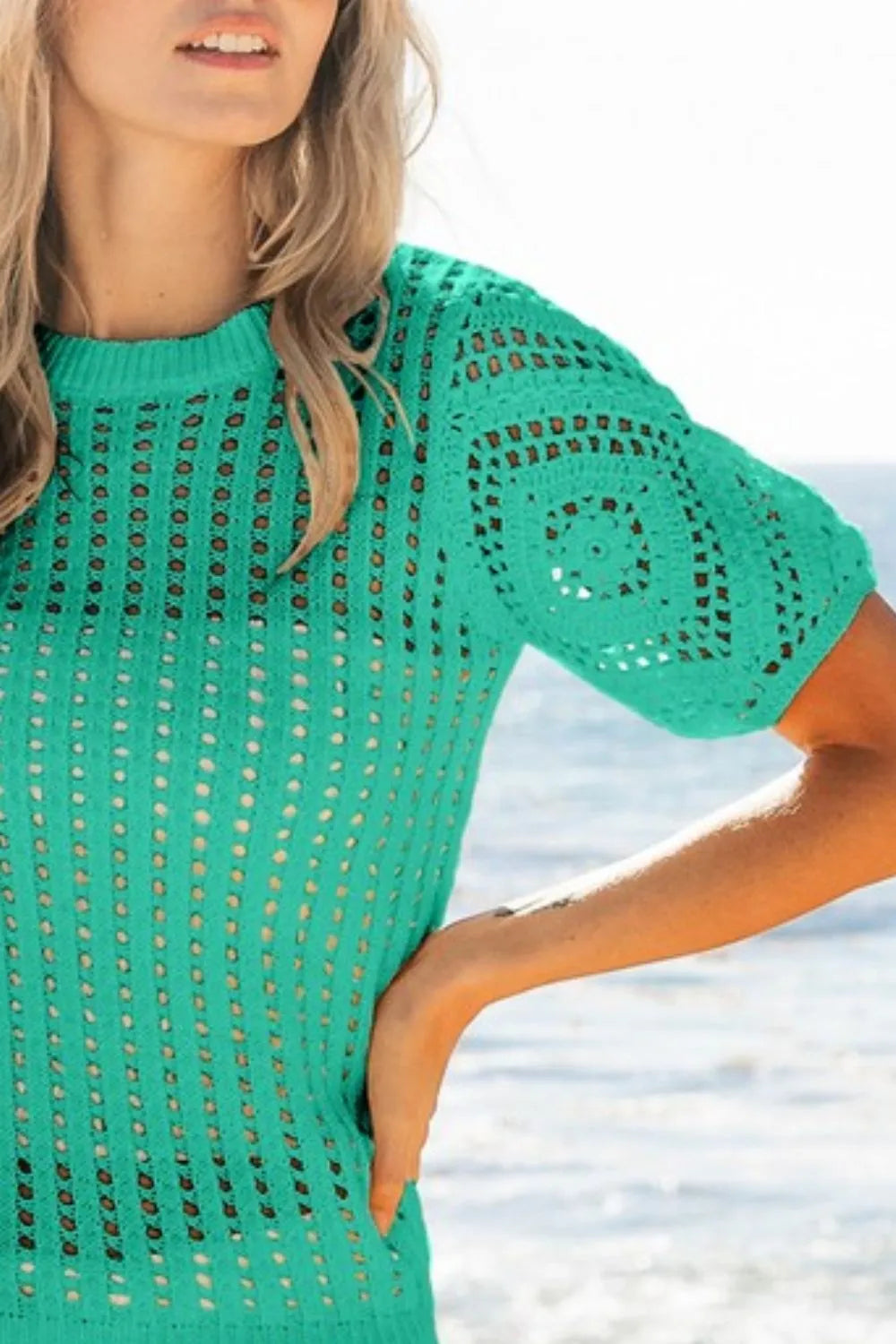BiBi Jade Crochet Lace Top With Puff Sleeves