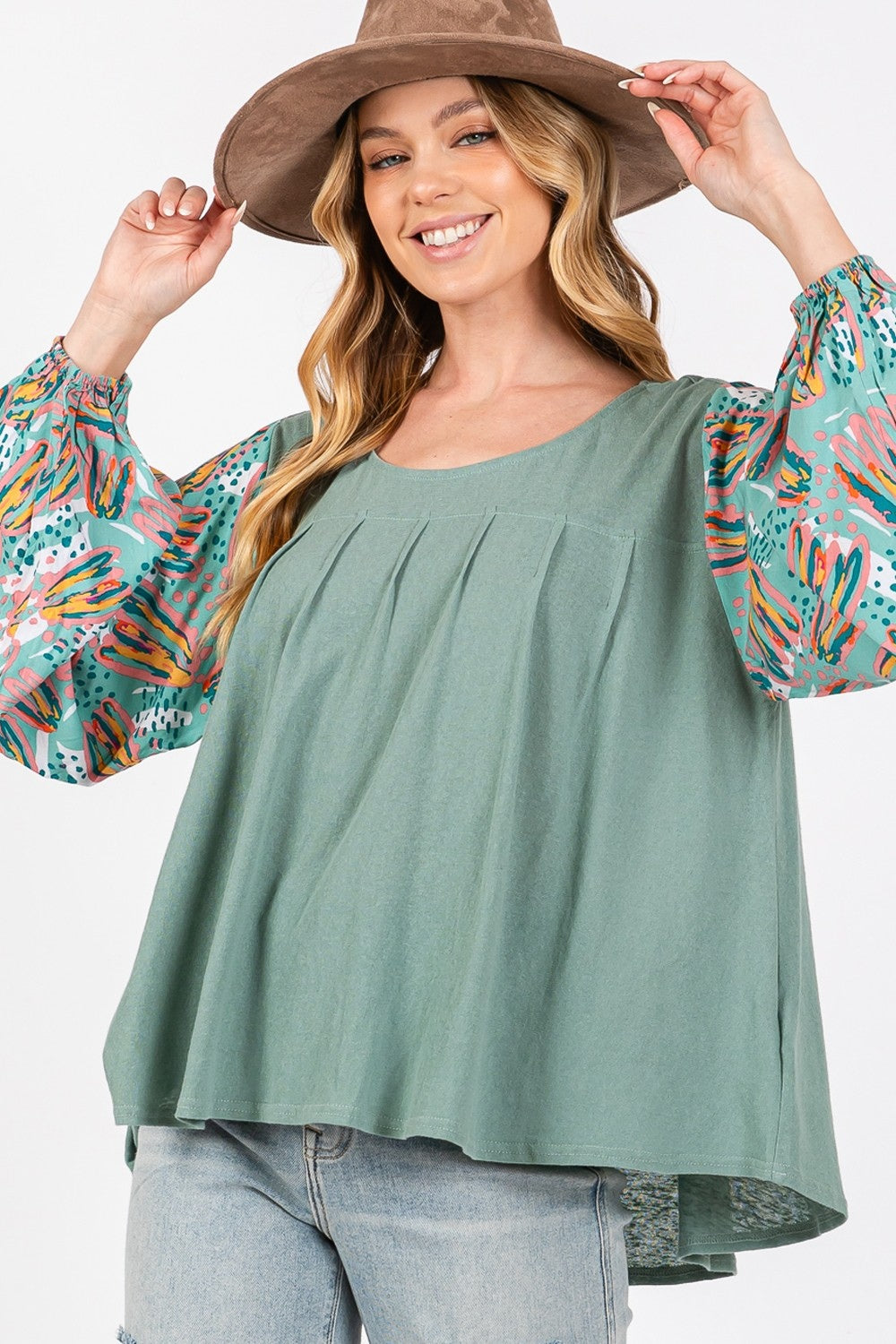SAGE + FIG Ruched Round Neck Printed Bubble Sleeve Top Trendsi