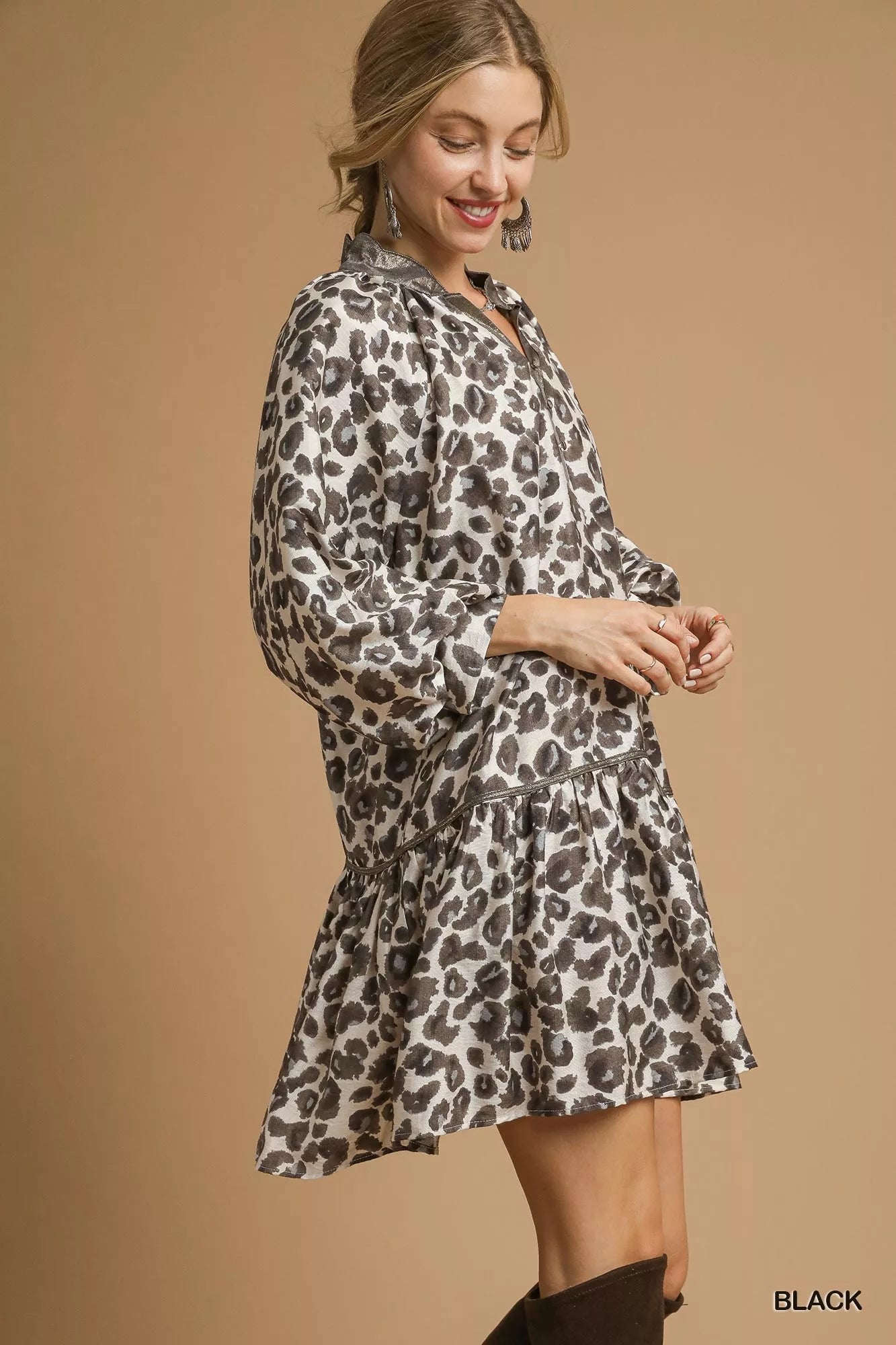 Umgee Black Leopard Print Tiered Mini Dress
