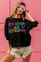 BiBi It’s My Birthday Metallic Letter Puff Sleeve Sweater in Black Black Trendsi