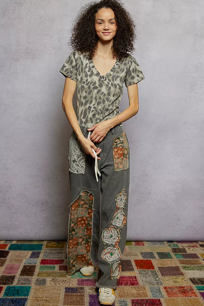 POL Grey Leopard Printed V-Neck Short Sleeve T-Shirt