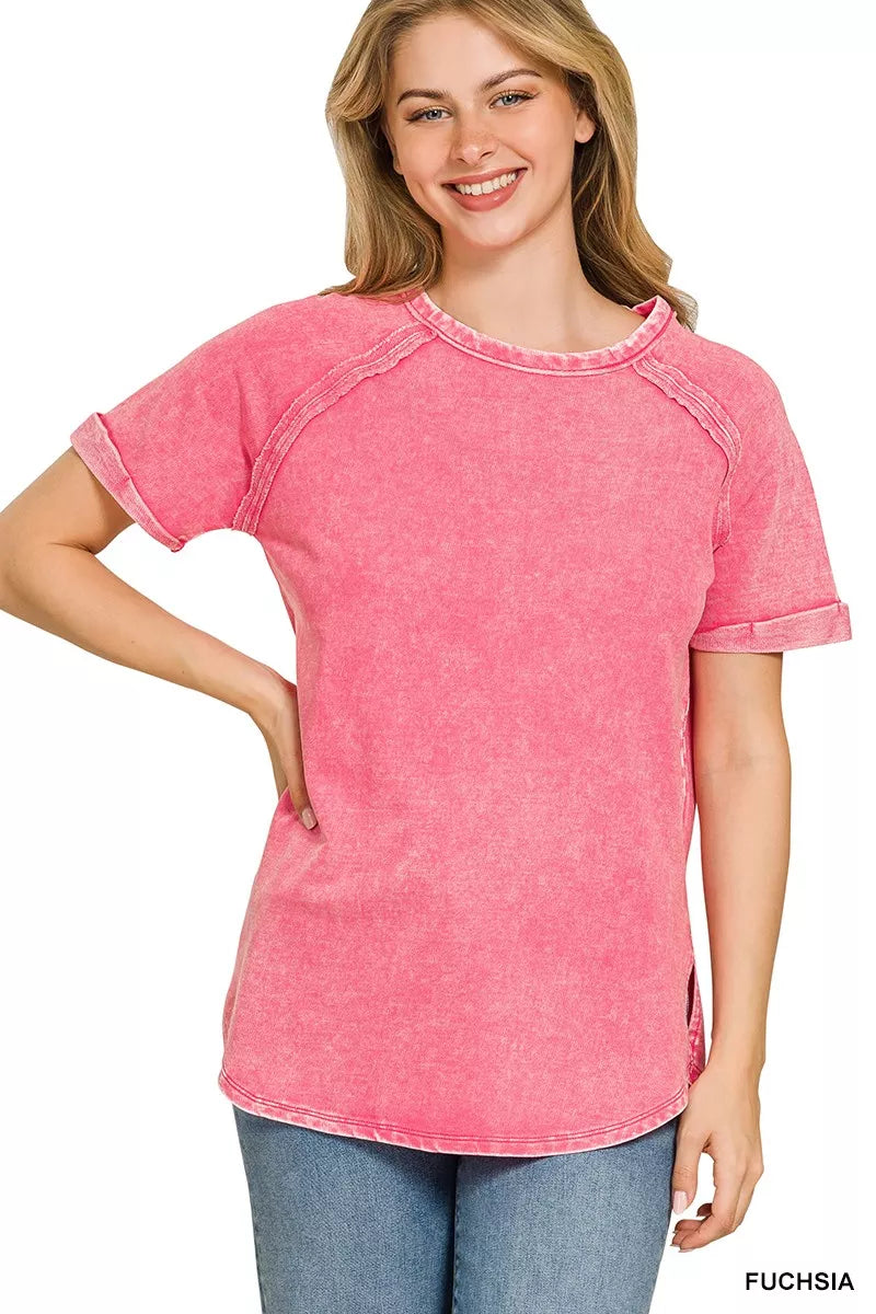 Zenana French Terry Washed Curved Hem Top FUCHSIA