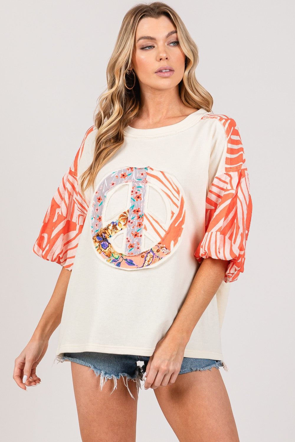 SAGE + FIG Peace Applique Patch with Zebra Print Contrast Top Tangerine Trendsi