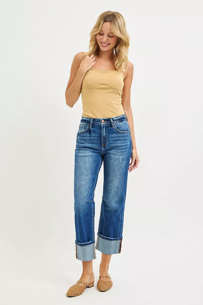 RISEN High Rise Straight Jeans with Distressed Hem