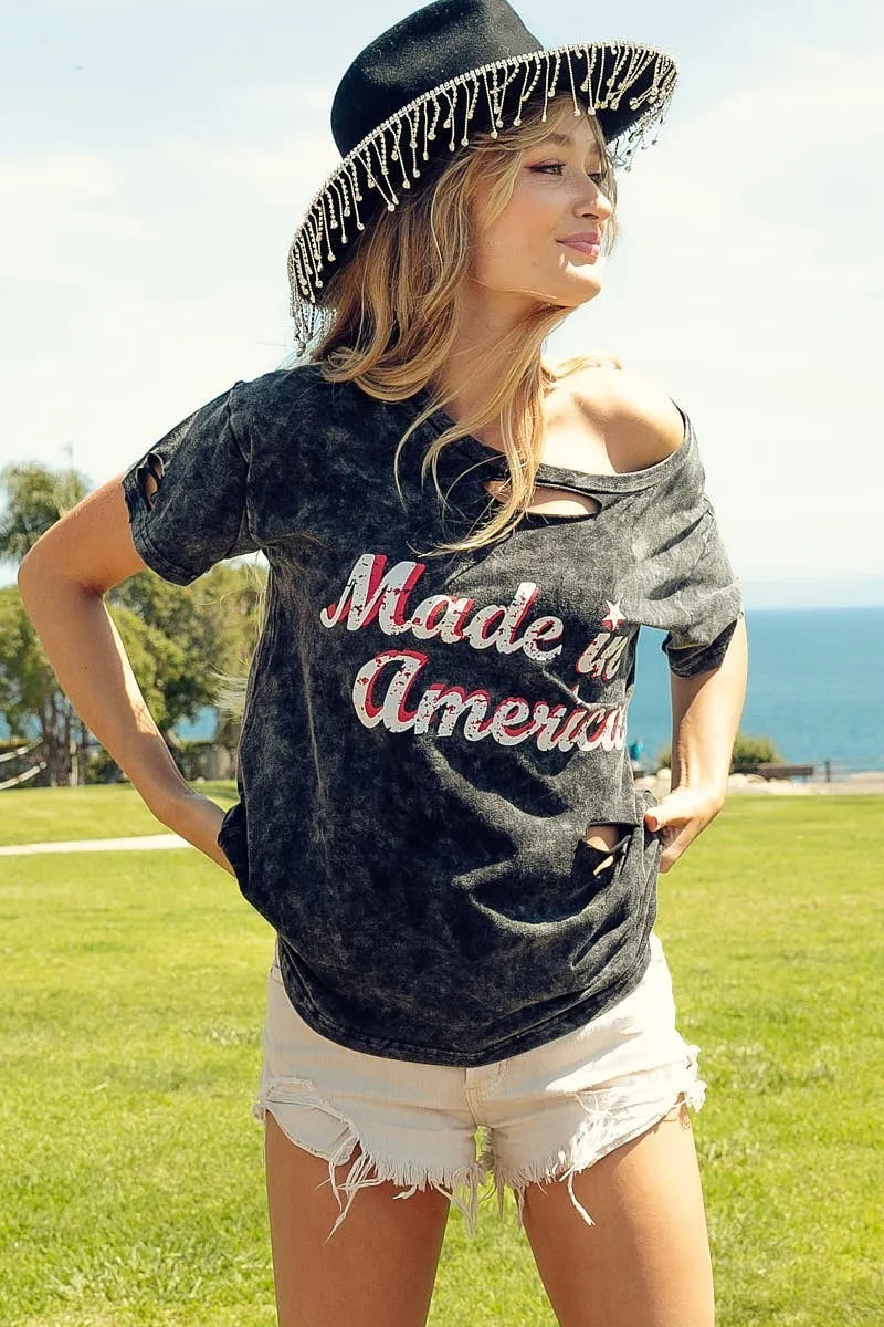 BiBi Laser Cut Mineral Washed Made in America Print Top