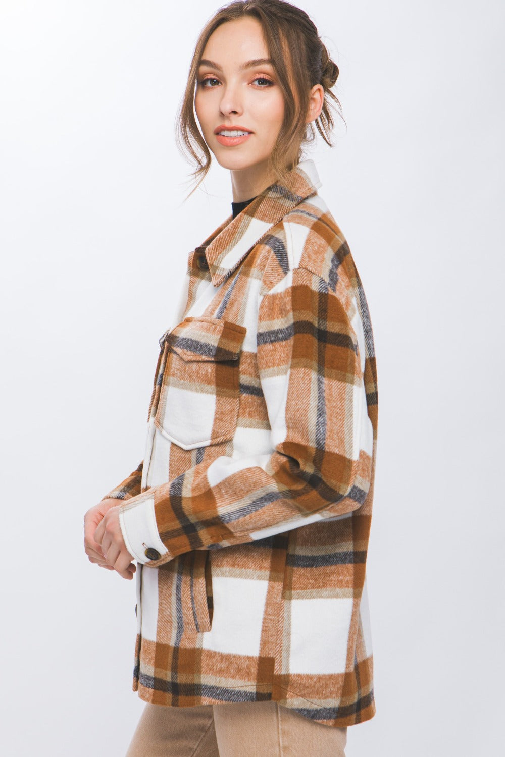 Love Tree Clay Plaid Button Up Shacket Trendsi