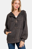 Zenana Acid Wash Fleece Kangaroo Hoodie Ash Black Shirts & Tops