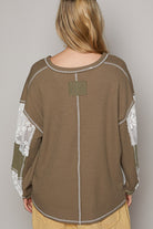 POL Khaki Olive V-Neck Lace Balloon Sleeve Exposed Seam Top Trendsi