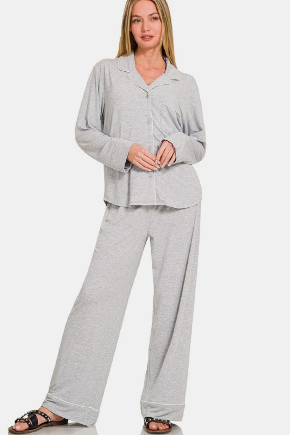 Zenana Button Down Long Sleeve Top and Pants Lounge Set Light Gray