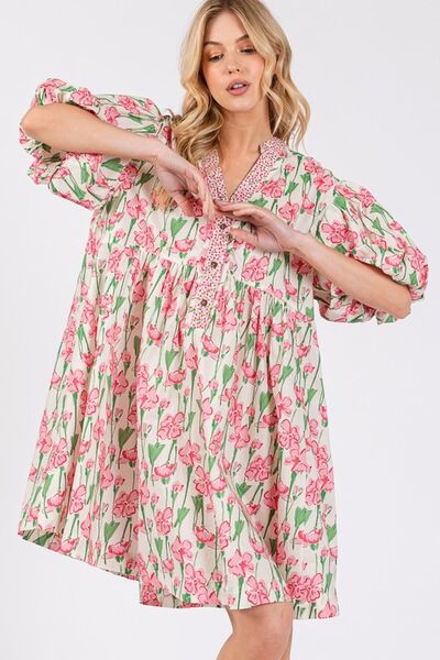 SAGE + FIG Pink Floral Half Button Notched Puff Sleeve Dress