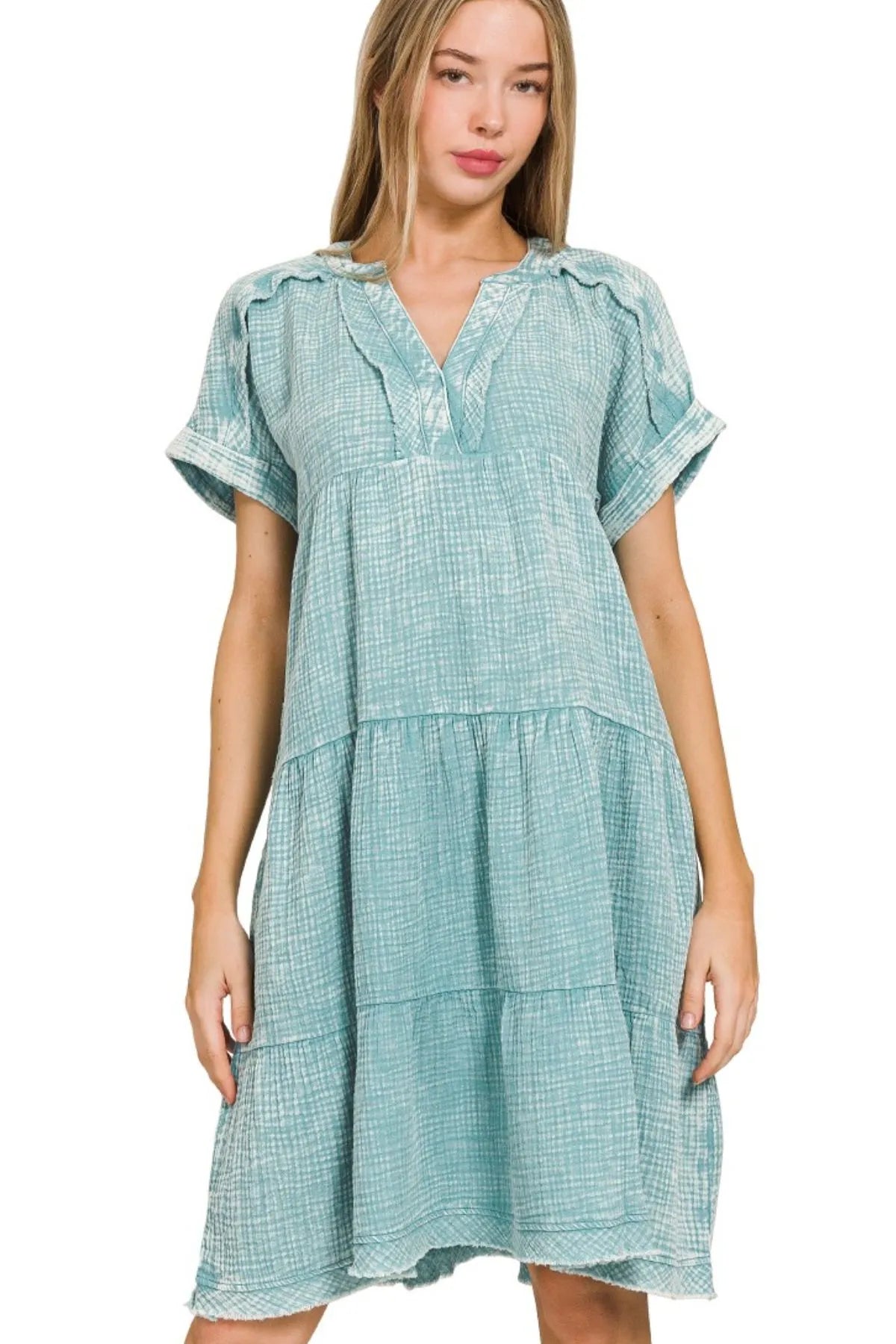 Zenana Dusty Teal Washed Double Gauze Raw Edge V-neck Dress DUSTY TEAL
