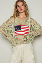 POL US Flag Hollowed Out Long Sleeve Knit Hooded Top in Sage