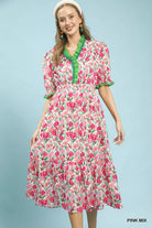 Umgee Pink Mix Floral Ruffle Trim Tiered Midi Dress PINK MIX
