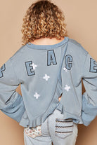 POL Light Blue Peace Embroidered Exposed Seam Back Ruffle V-Neck Top Shirts & Tops