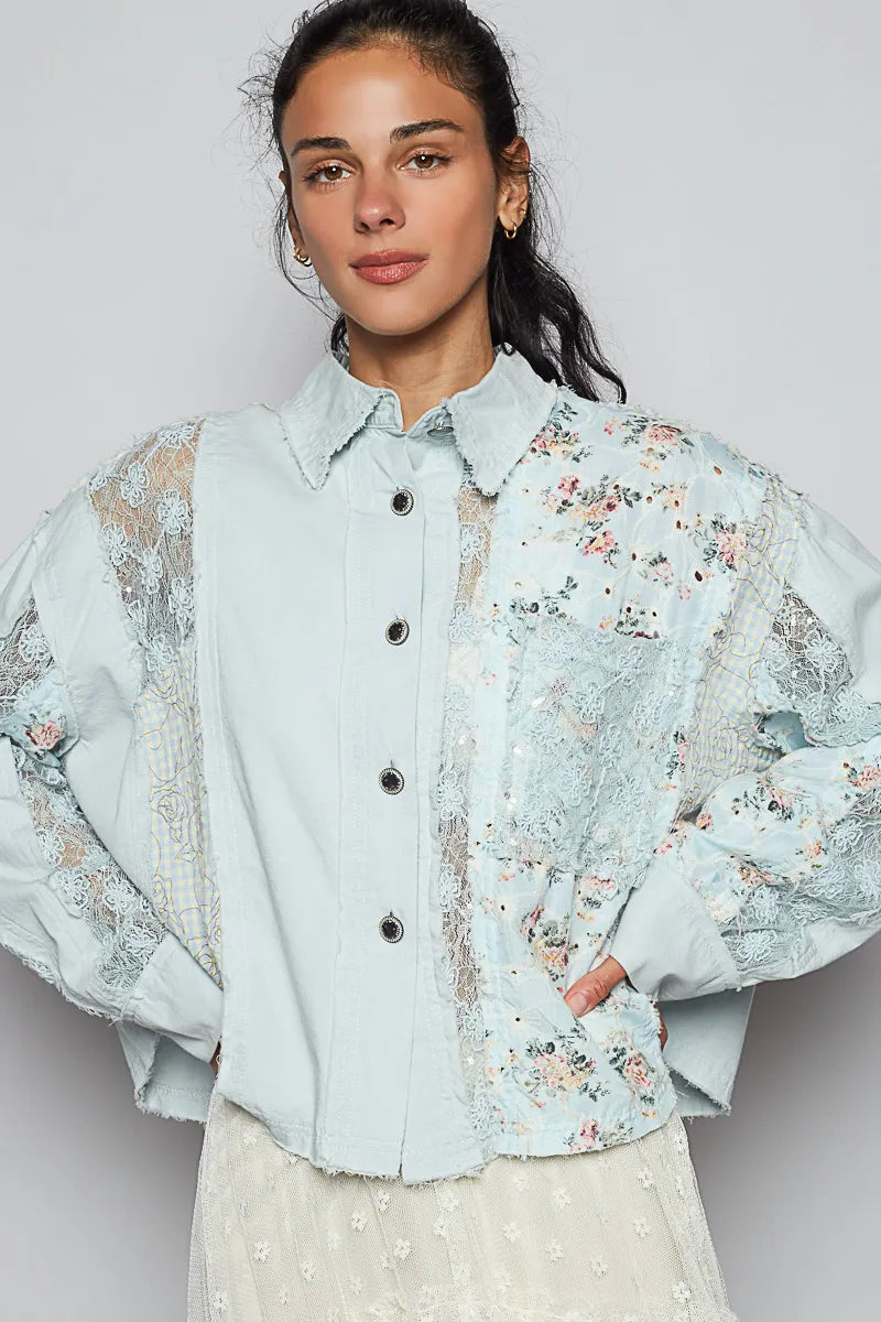 POL Pastel Blue Floral Long Sleeve Woven Blouse with Lace Panel Details