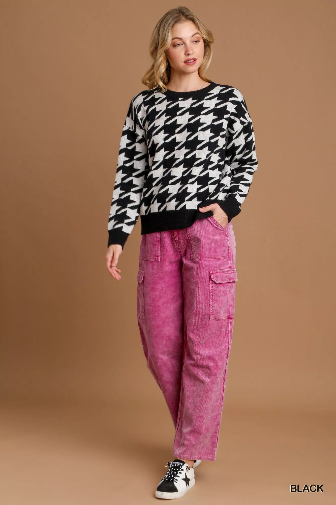 Umgee Black Houndstooth Round Neck Sweater