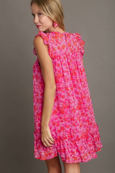 Umgee Hot Pink Smocked Detail Floral Metallic Ruffle Cap Sleeve Dress