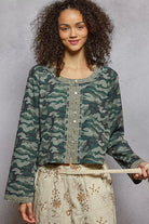 POL Olive & Camouflage Print Long Sleeve Top OLIVE CAMO