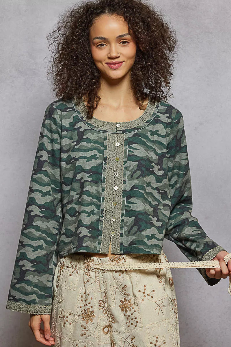 POL Olive & Camouflage Print Long Sleeve Top OLIVE CAMO