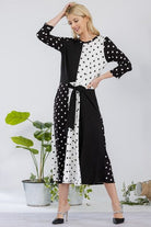 Celeste Black & White Polka Dot Front Tie Midi Dress Black