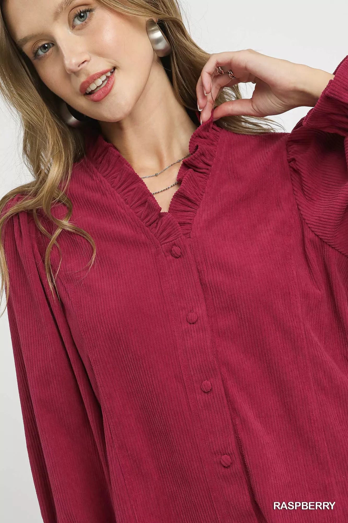 Umgee Raspberry Corduroy Ruffle Shirt with Long Puff Sleeves