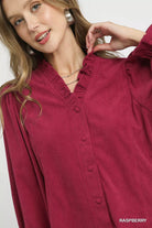 Umgee Raspberry Corduroy Ruffle Shirt with Long Puff Sleeves
