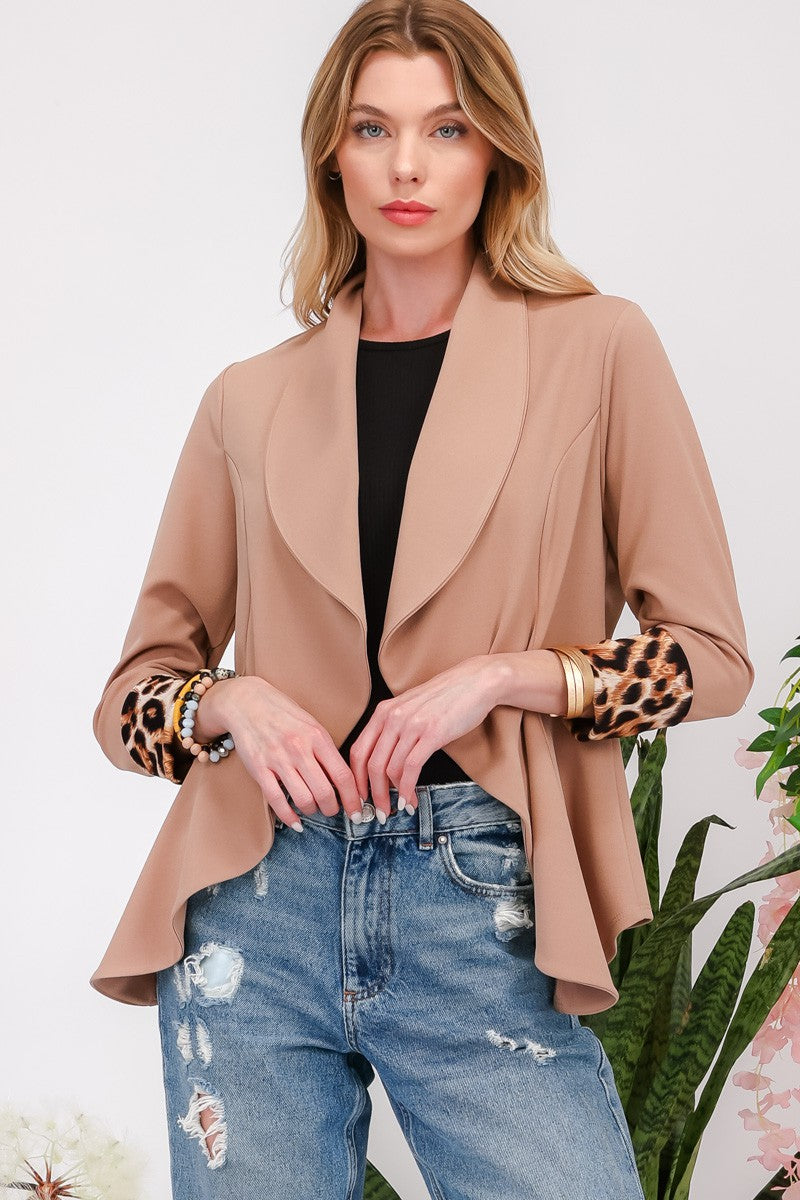 Celeste Mocha Rolled Leopard Cuff Open Front Blazer Mocha Trendsi