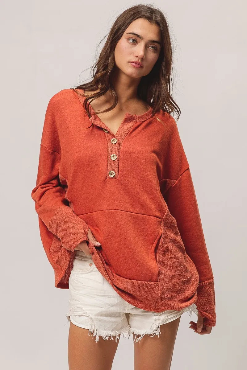BiBi Rust French Terry Knit Side Block Buttoned Henley Top