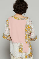 POL Vintage Washed Lace Patchwork Printed Half Button Top in Watermelon Pink