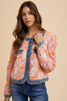 Annie Wear Coral Floral Jacquard Denim Contrast Button Down Jacket Coral Combo