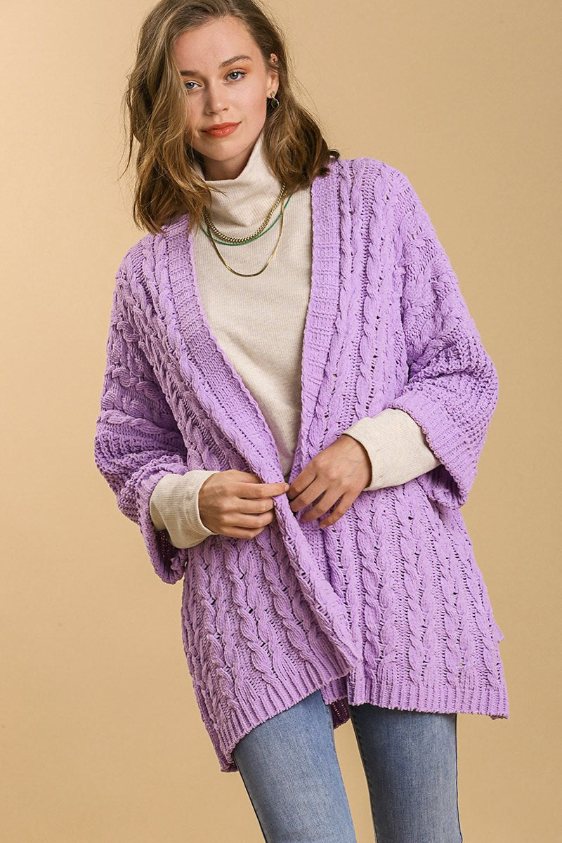 Umgee Lilac Cable Knit Open Front Long Sleeve Cardigan Lilac Cardigan